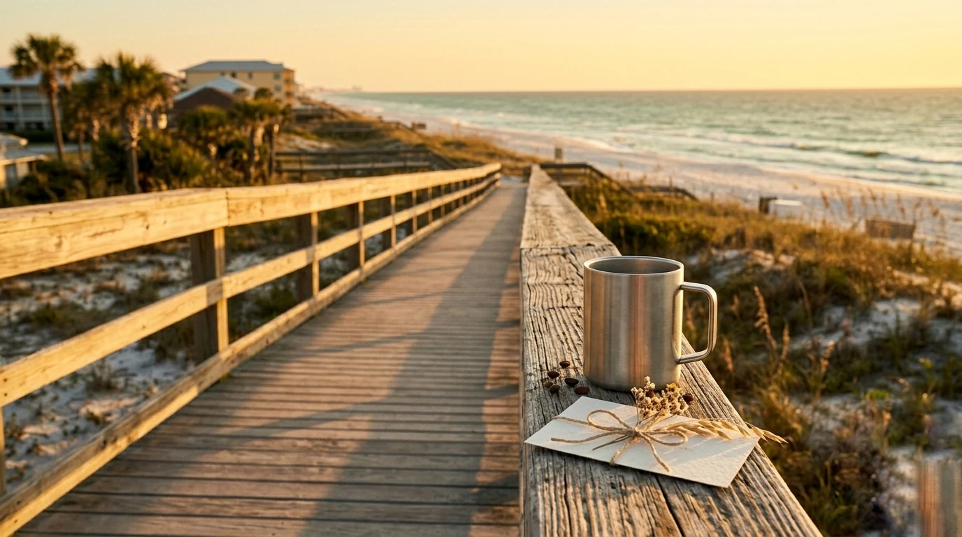 Coffee on a coastal boardwalk at sunrise, Panama City Beach