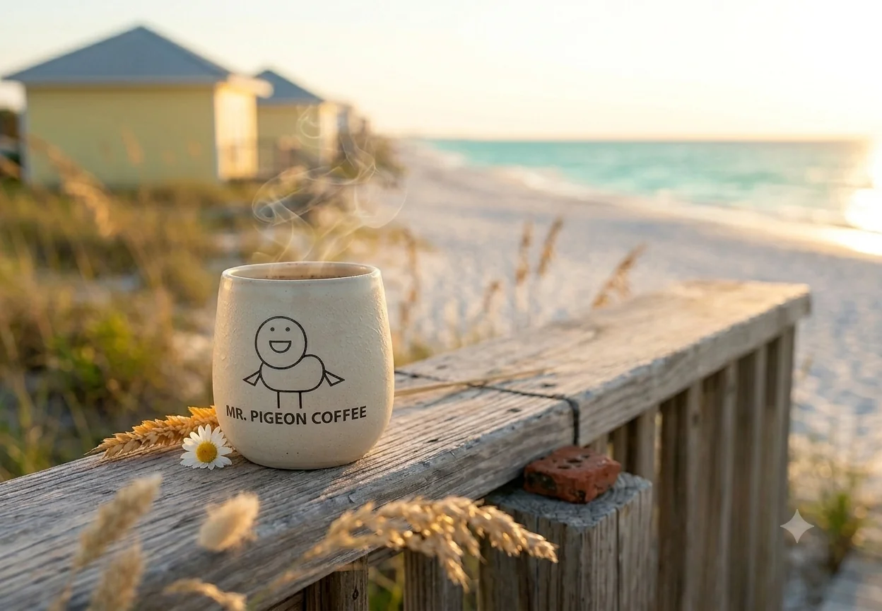 Coffee mug on a boardwalk at sunset, Panama City Beach