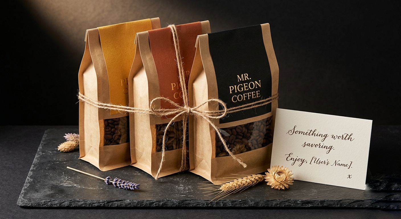Mr. Pigeon Coffee Full Flock Gift Set — all three blends tied with twine and gift card