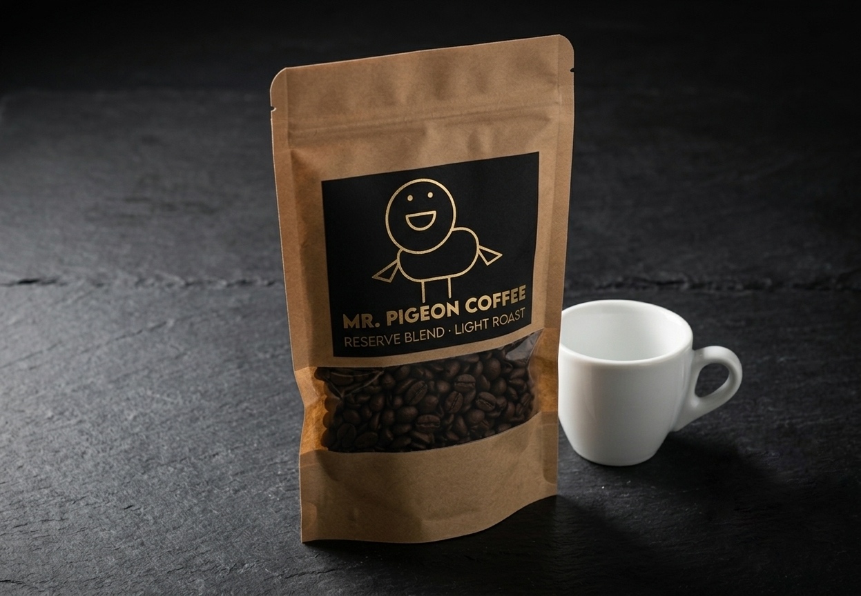 Mr. Pigeon Coffee Reserve Blend — dark roast, black and gold label